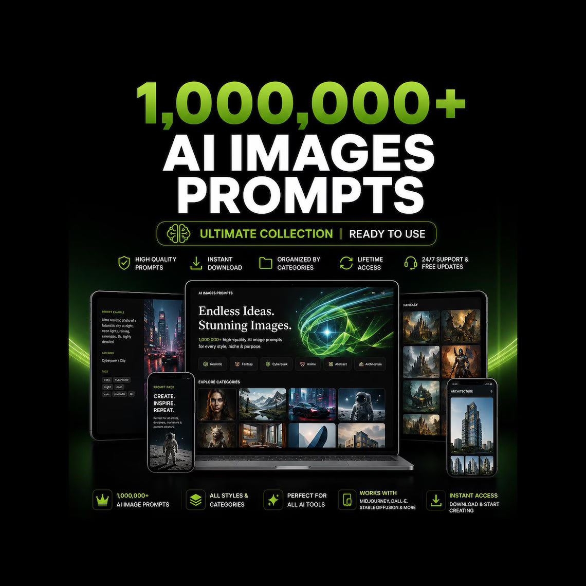 1,000,000+ AI Prompts Collection 150 000+ ChatGPT Prompts, Complete ai manual | Midjourney, ChatGPT, DALLᄋE, Leonardo AI & Stable Diffusion