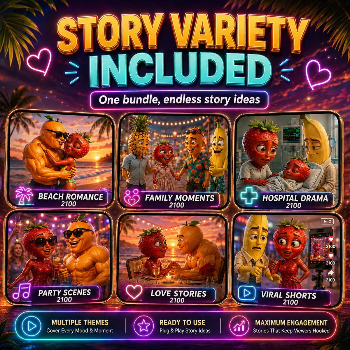 2100 AI Fruits Drama Reels Bundle, Story Videos, Social Media Content, Instant Digital Download