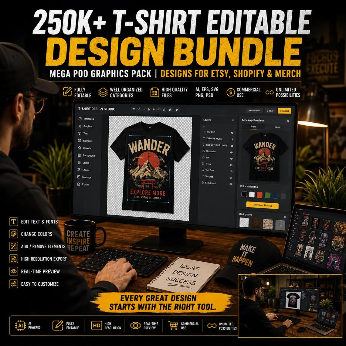 250,000+ T-Shirt Editable Design Ultimate Bundle – Mega POD Graphics Pack | Designs for Etsy, Shopify & Merch