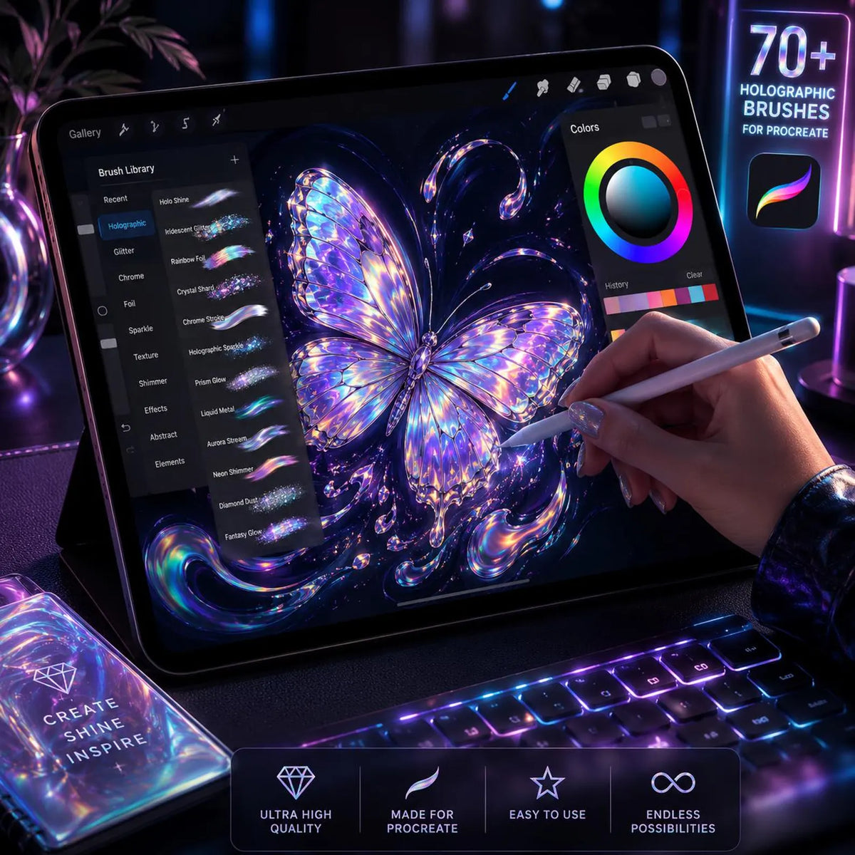 70+ Holographic Procreate Brushes | Glitter, Chrome, Foil (Digital Download)