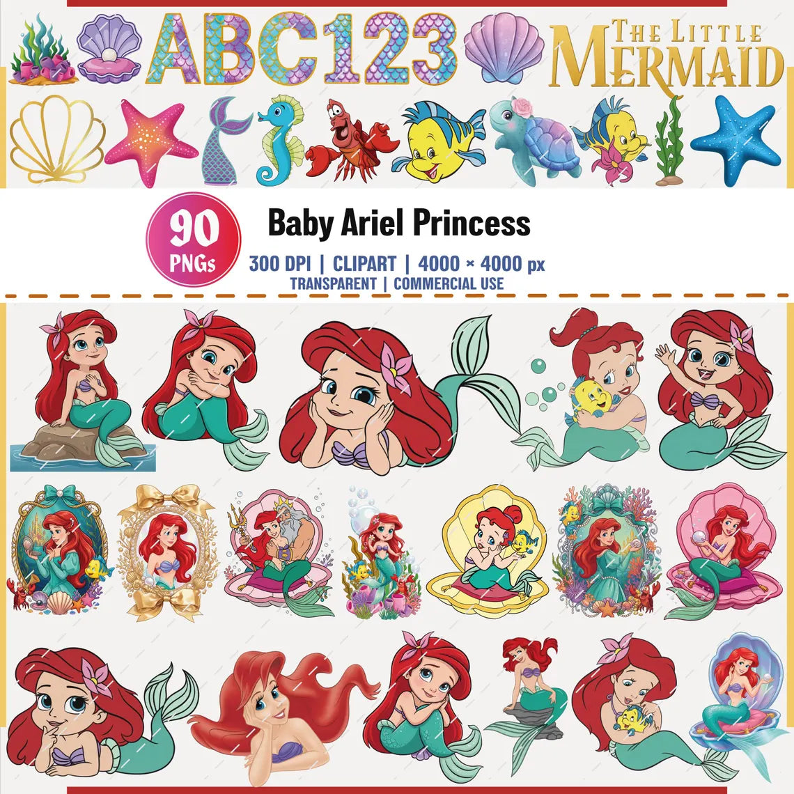 Baby Ariel Mermaid Clipart Bundle PNG Birthday Princess Set