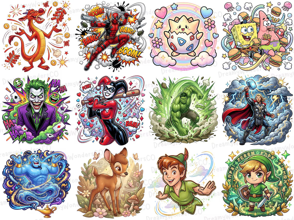 Cartoon MEGA Bundle – 110 Colorful Detailed PNG Designs – Gaming & Cartoon Collection