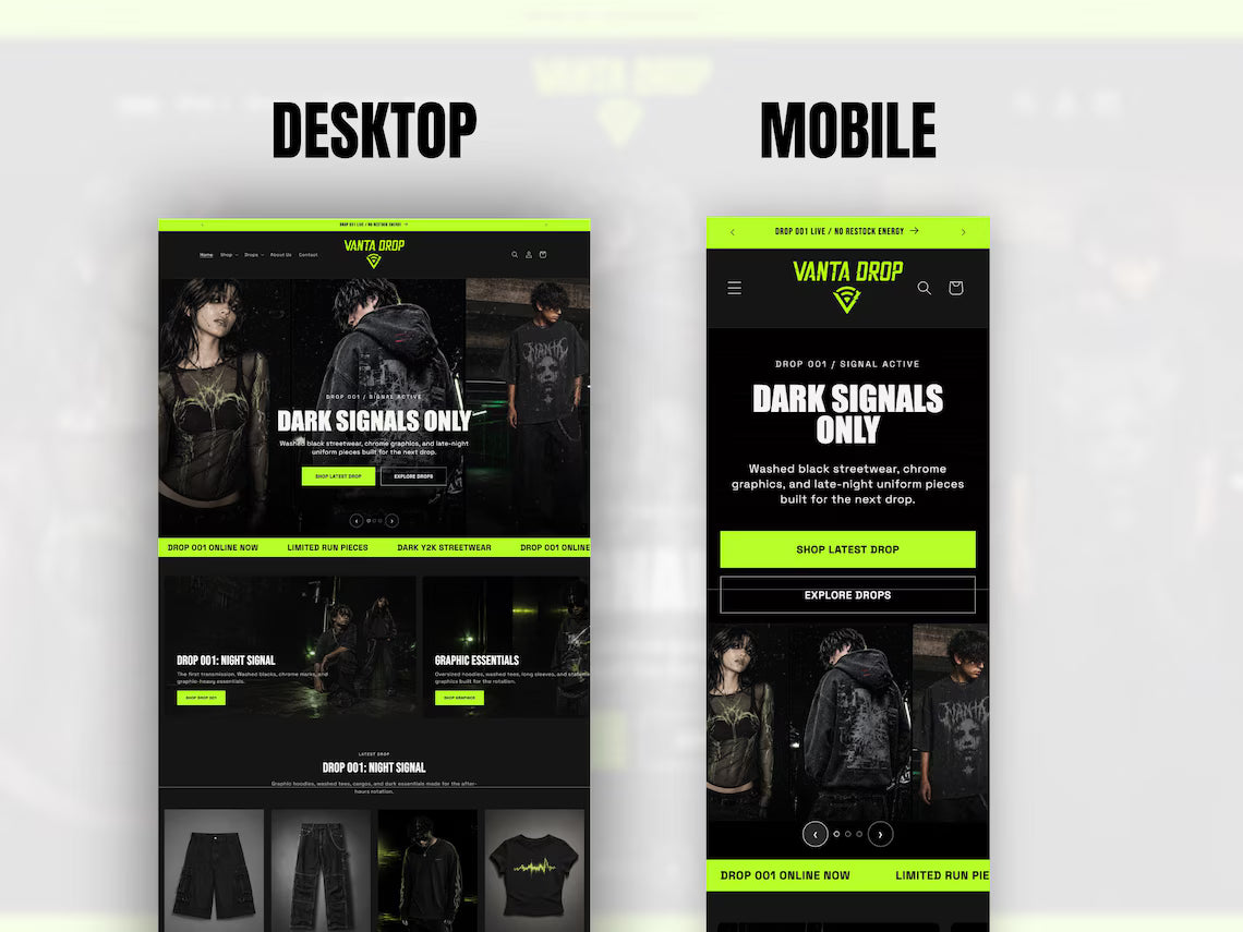 Dark Y2K Streetwear Shopify Theme Clothing Brand Website Template Urban Fashion Store