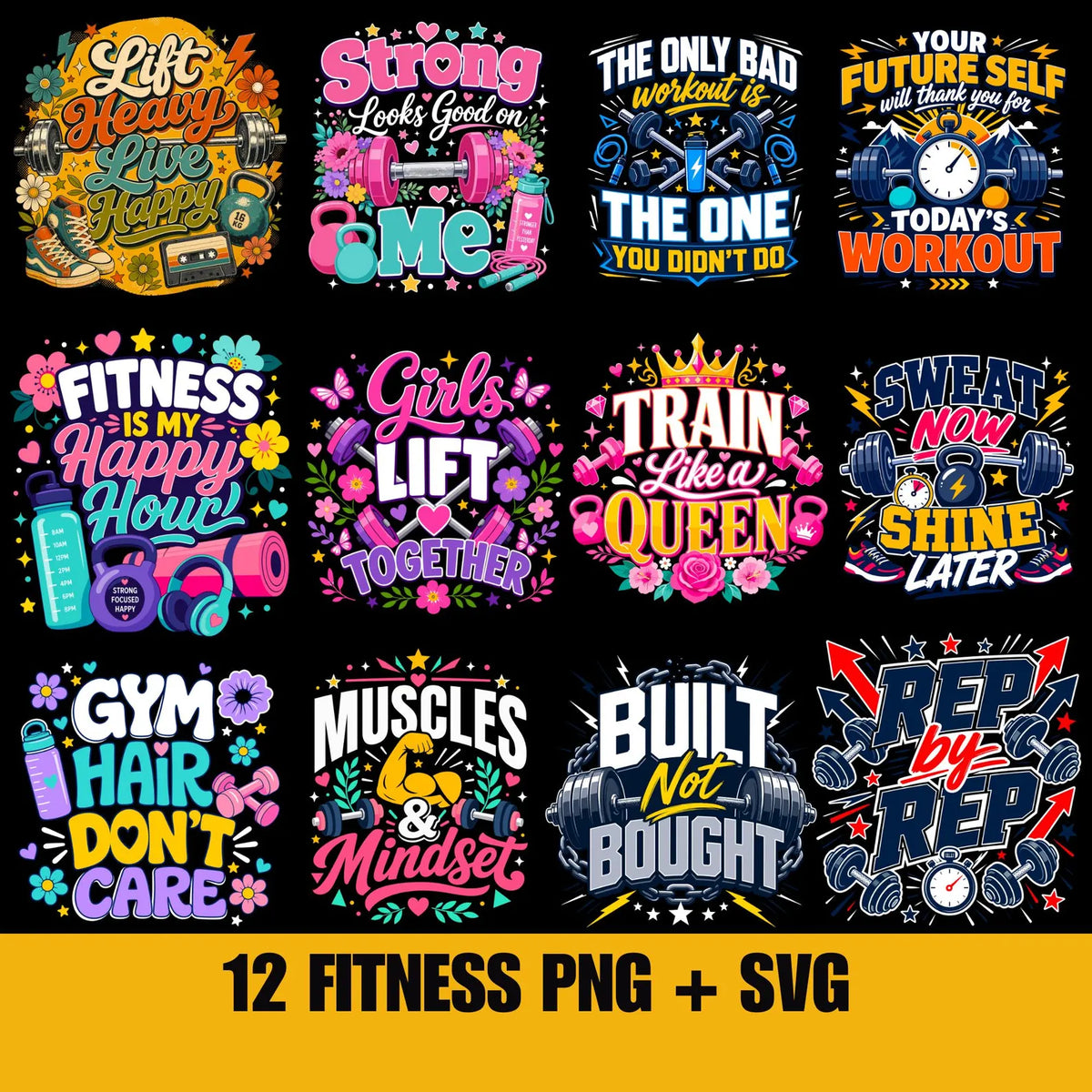 Fitness Workout PNG & SVG Bundle Motivational Gym Quotes Weightlifting Shirt Design Digital Download