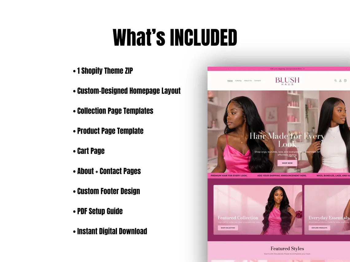 Pink Wig & Hair Extensions Shopify Theme Hair Bundle Website Template HD Lace Wig Store Beauty Brand Hair Vendor Website