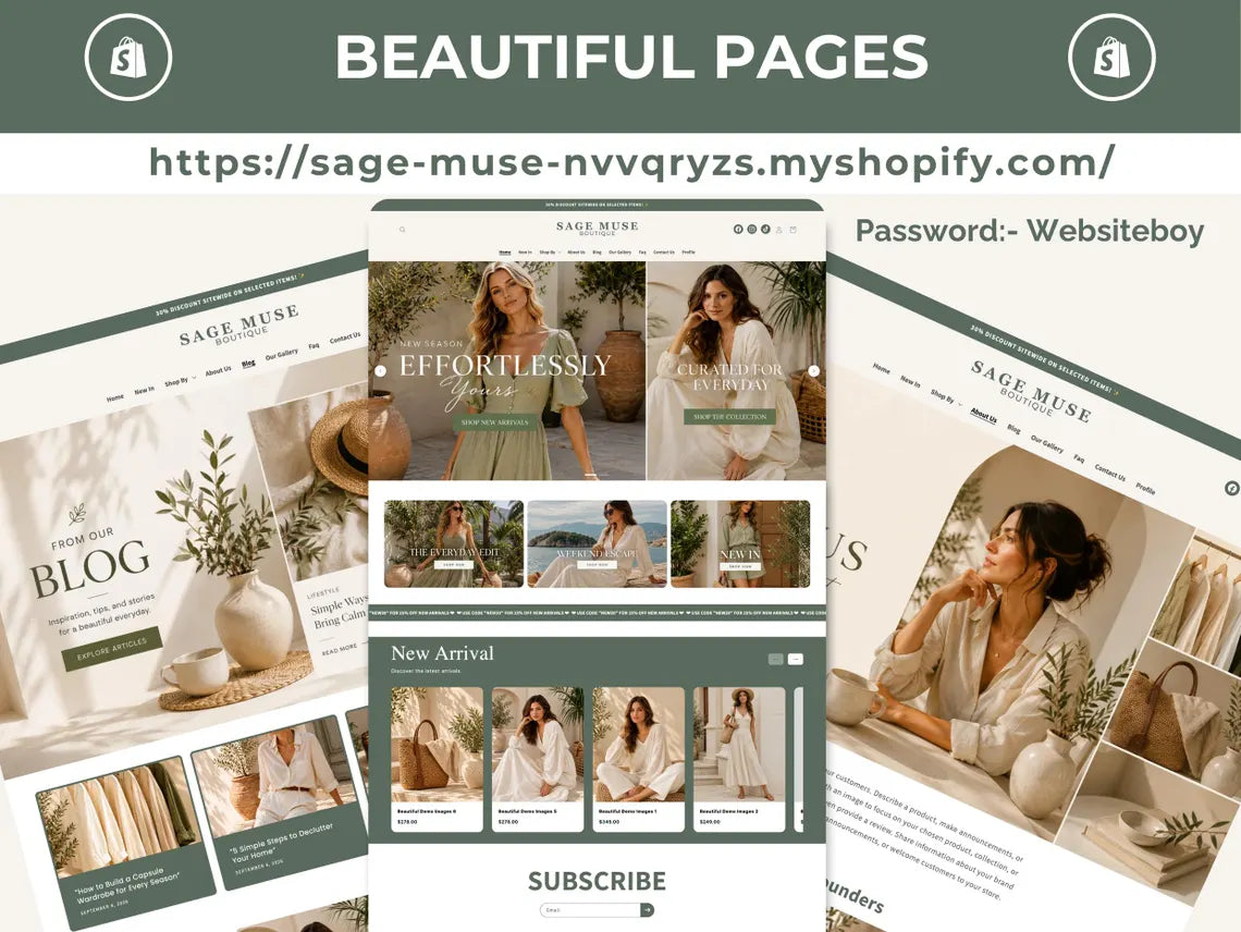 Sage Muse Boutique Shopify Theme | Sage Shopify Template Feminine, Minimal & Cute Design | Editable Canva Templates | Shopify OS 2.0