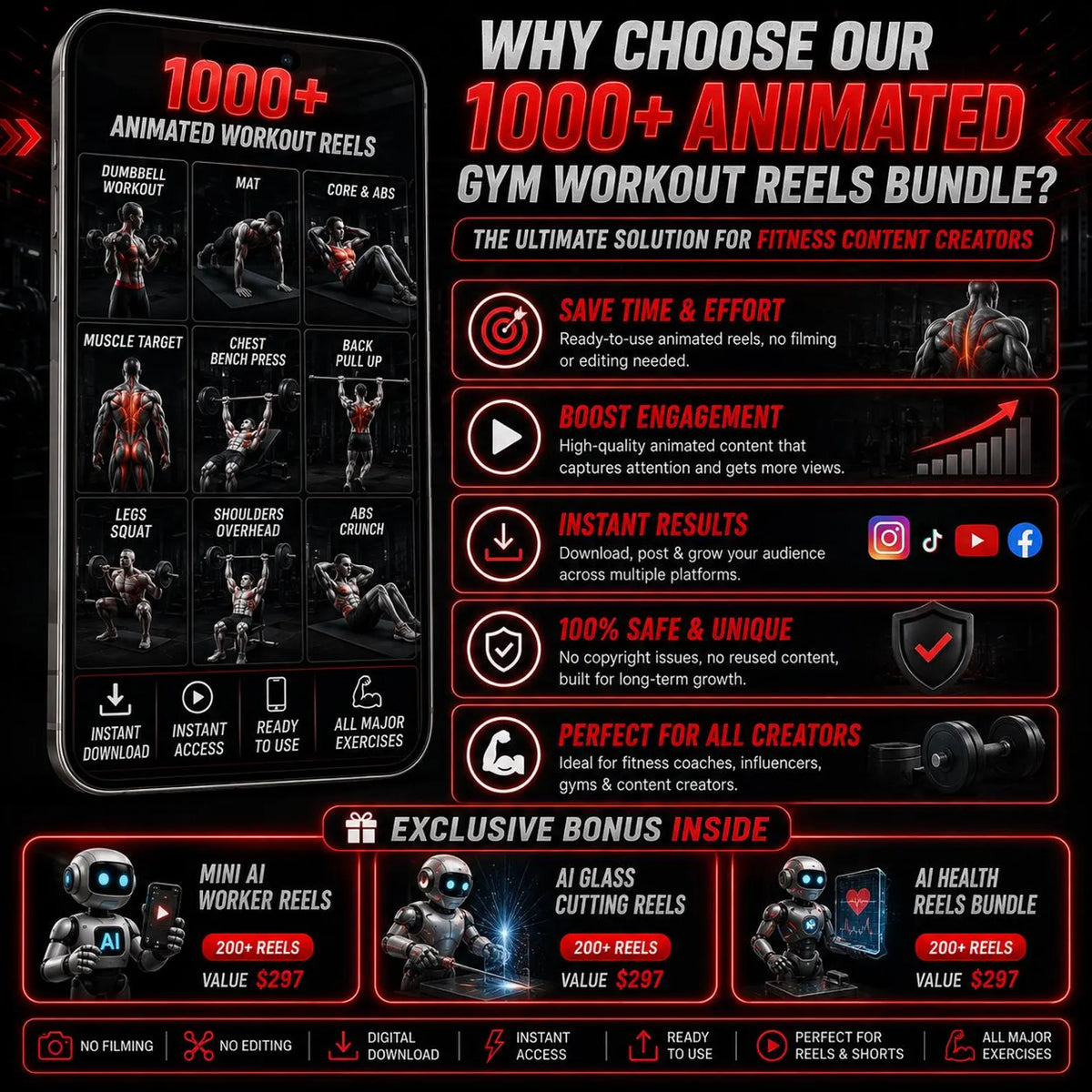 1000+ Animated Gym Workout Reels Bundle | TikTok Instagram YouTube Shorts | DFY | Instant Download