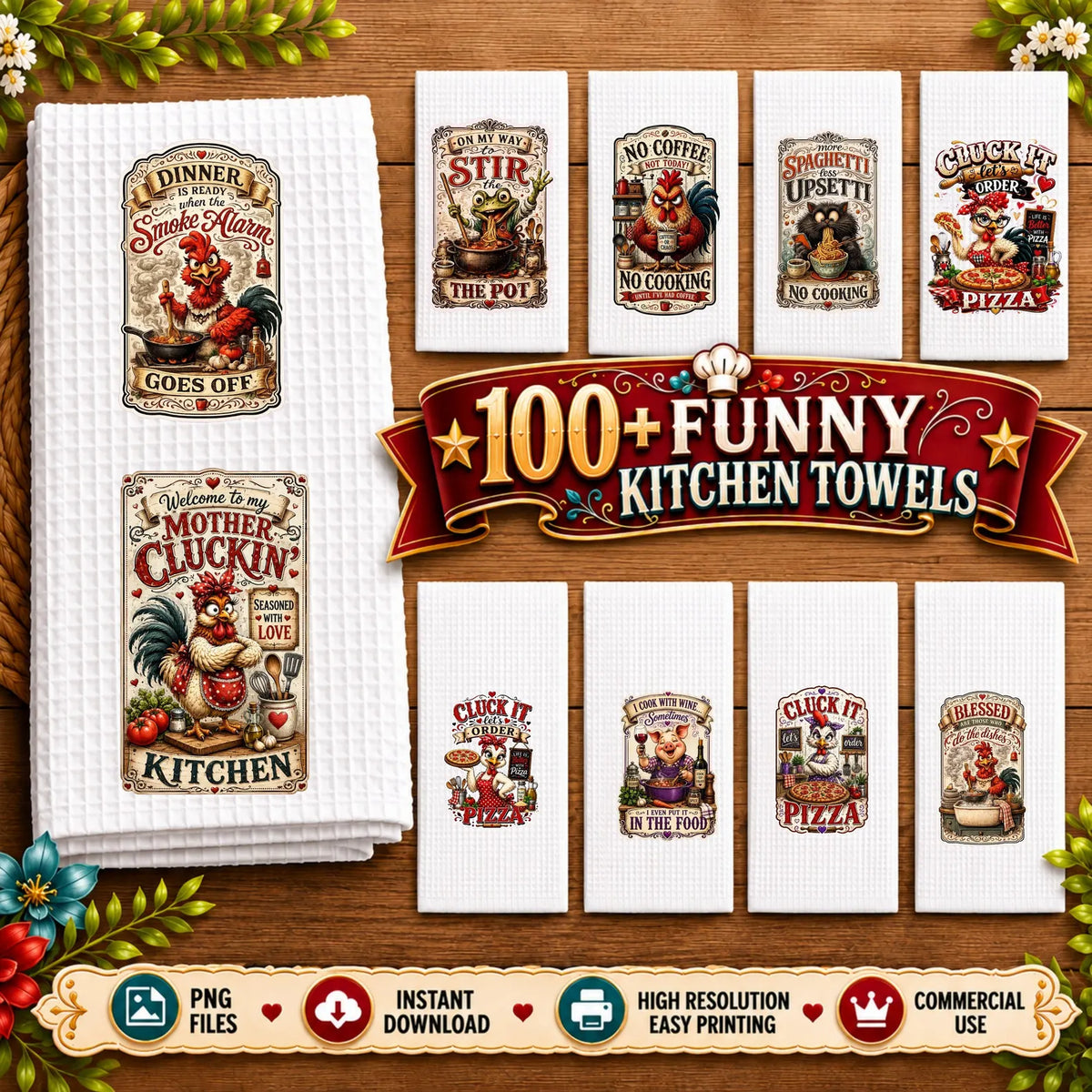 100 Funny Kitchen Towel PNG Bundle, Retro Farmhouse Sarcastic Designs