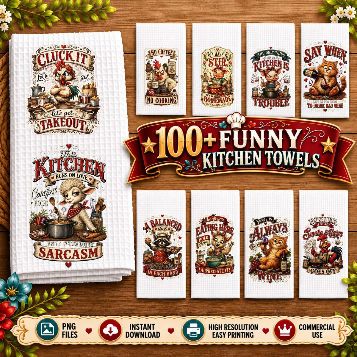 100 Funny Kitchen Towel PNG Bundle, Retro Farmhouse Sarcastic Designs