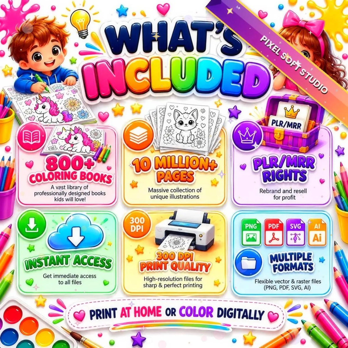 11 million Kids Coloring Pages Bundle Printable Worksheets Homeschool Learning Games PLR MRR Commercial Use Digital Download