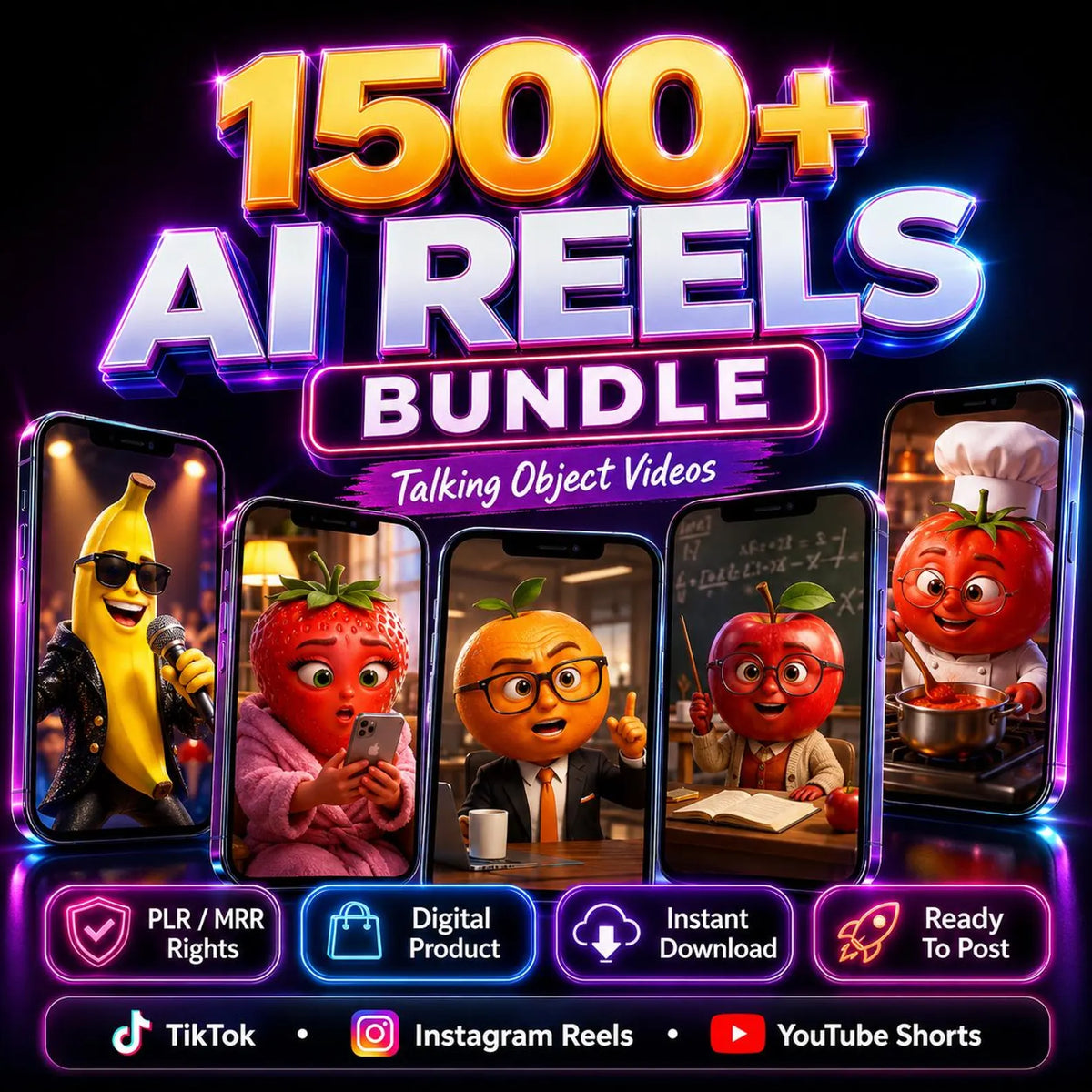 1500+ AI Reels Bundle Talking Object Videos Faceless TikTok Instagram YouTube Shorts Ready To Post PLR MRR Resell Rights