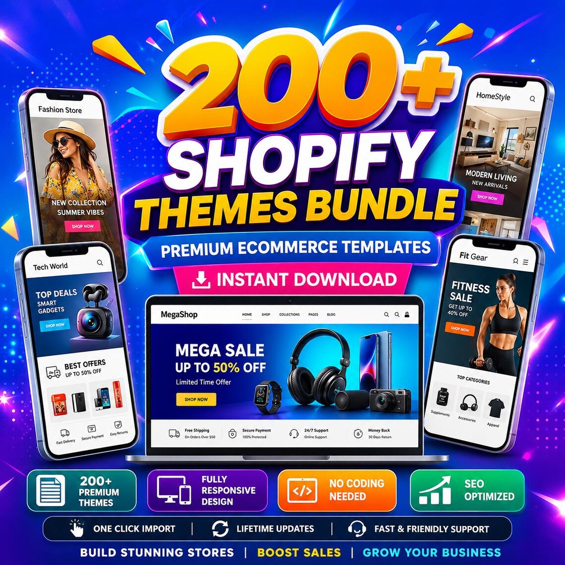 200+ Shopify Templates Bundle, Shopify Custom Website Design, eCommerce Website Themes, Custom Shopify Theme Design, Instant Download