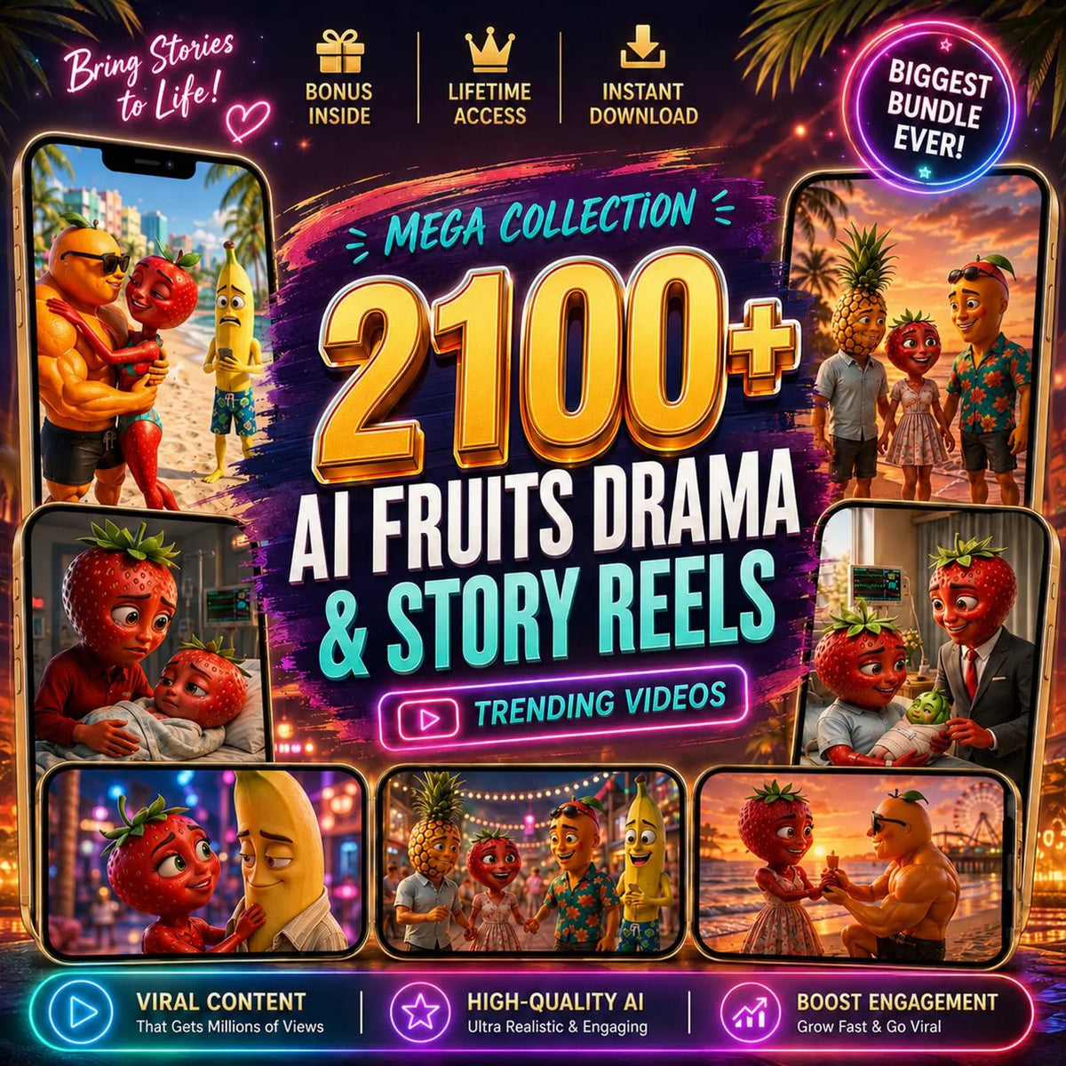 2100 AI Fruits Drama Reels Bundle, Story Videos, Social Media Content, Instant Digital Download