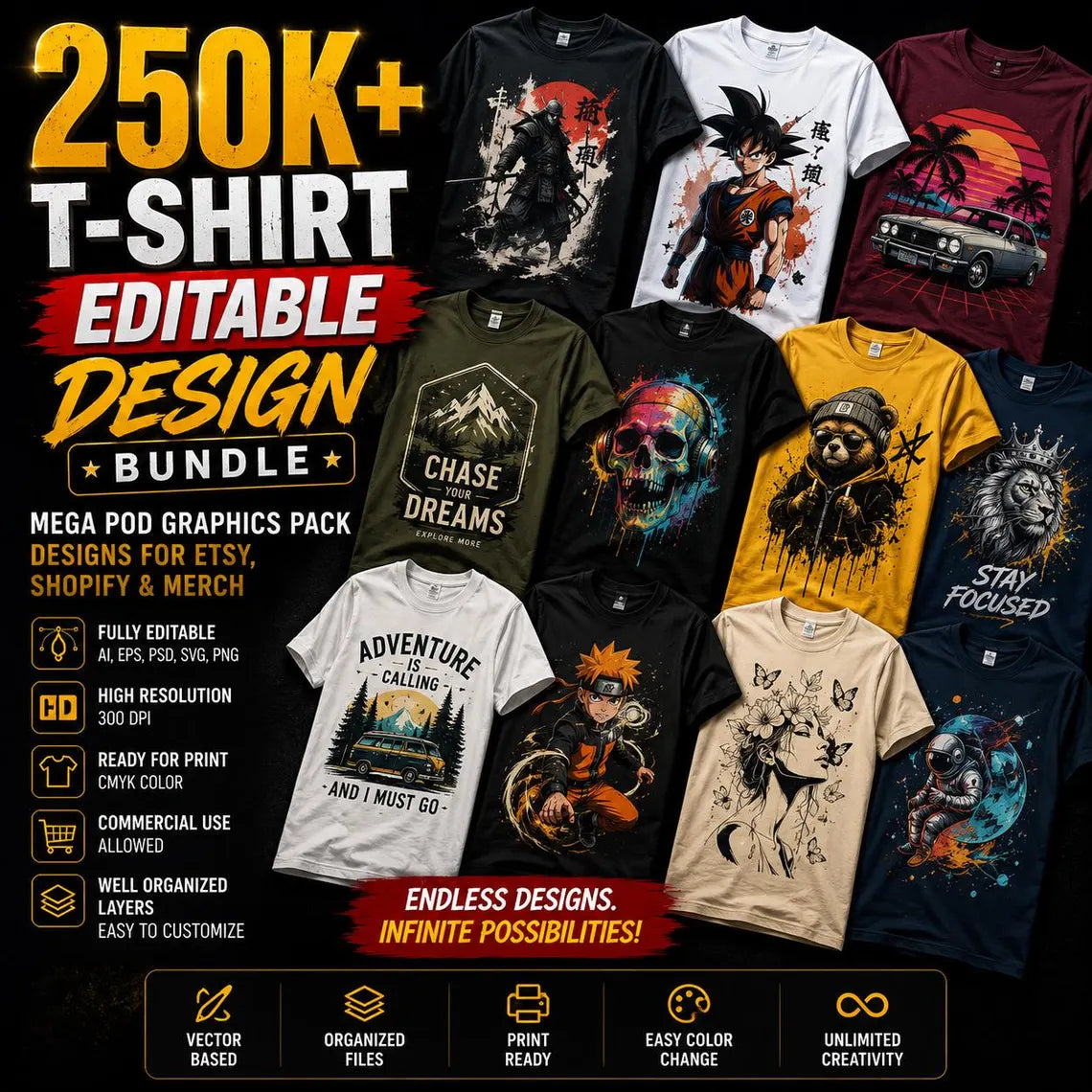 250,000+ T-Shirt Editable Design Ultimate Bundle – Mega POD Graphics Pack | Designs for Etsy, Shopify & Merch