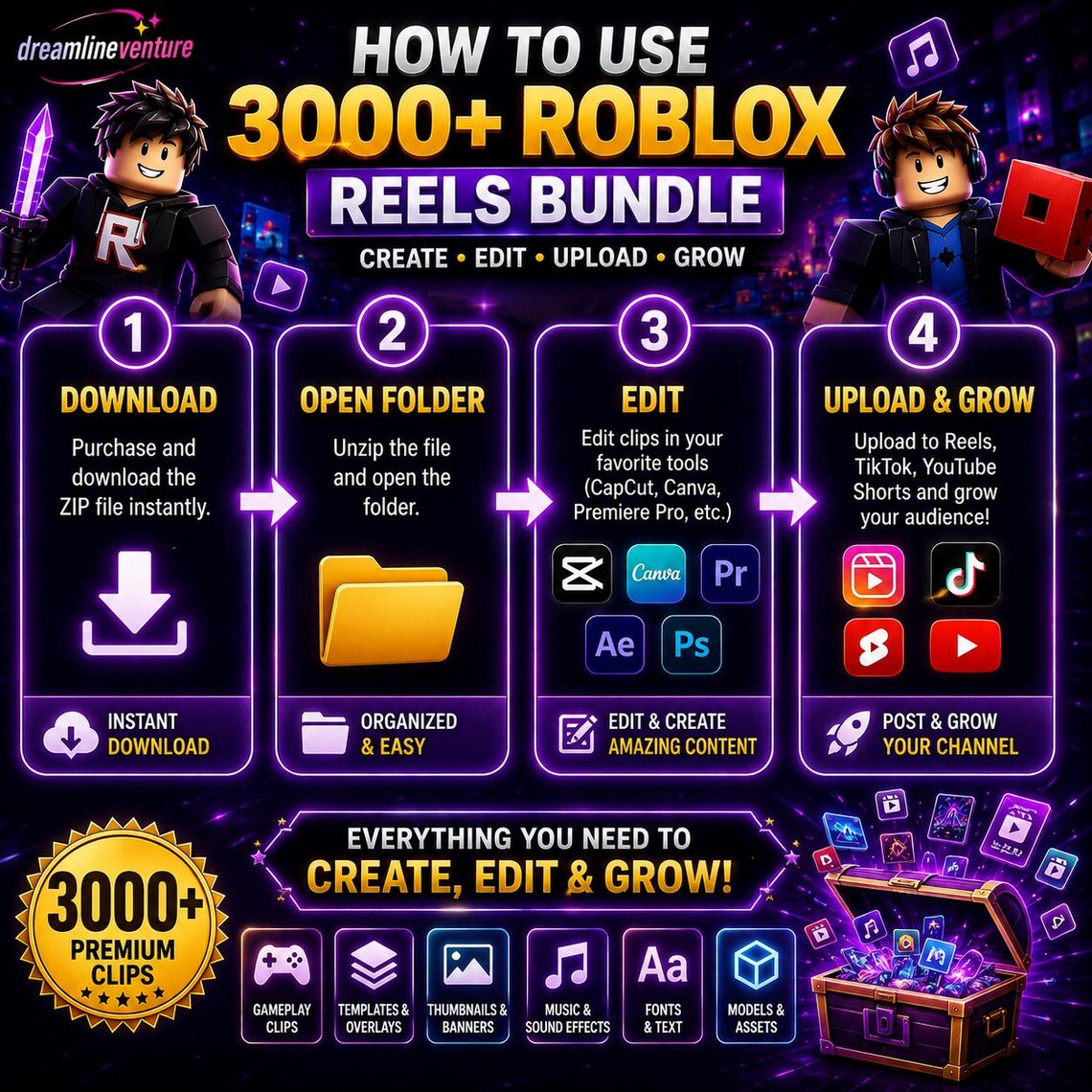 3000+ Roblox Reels Bundle | Viral TikTok & YouTube Shorts Clips, Templates, Thumbnails, Sound Effects, Music Gaming Assets
