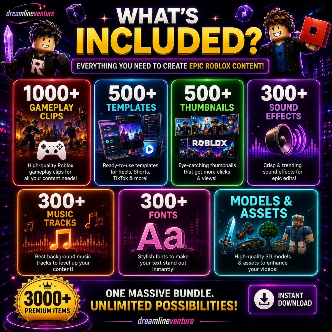 3000+ Roblox Reels Bundle | Viral TikTok & YouTube Shorts Clips, Templates, Thumbnails, Sound Effects, Music Gaming Assets