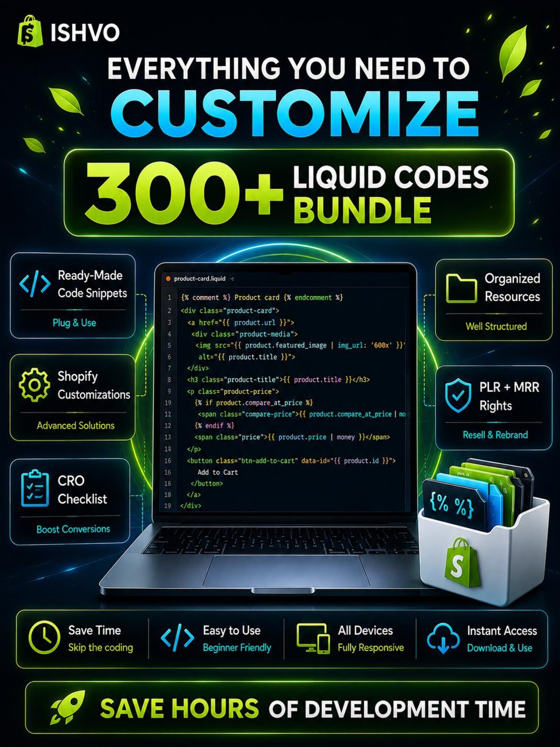 300+ Shopify Liquid Code Mega Bundle – Theme Snippets, Custom Store Coding, Shopify Developer Toolkit, PLR MRR & Instant Digital Download