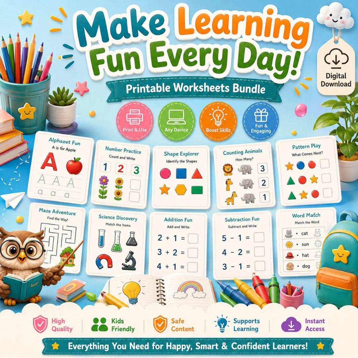 500,000+ Kids Educational Bundle PLR MRR ,Worksheets, Canva Templates, Business Social Media, Coloring Pages, Homeschool Learning Games