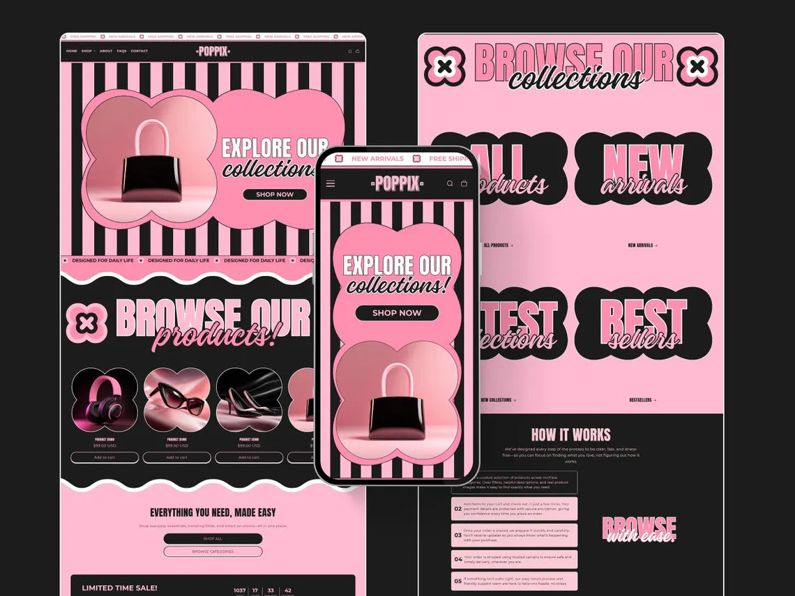 Black and Pink Shopify Theme Kit for Selling Products Shopify Website Template General Products Shop Template Retro Landing Page Cute Theme