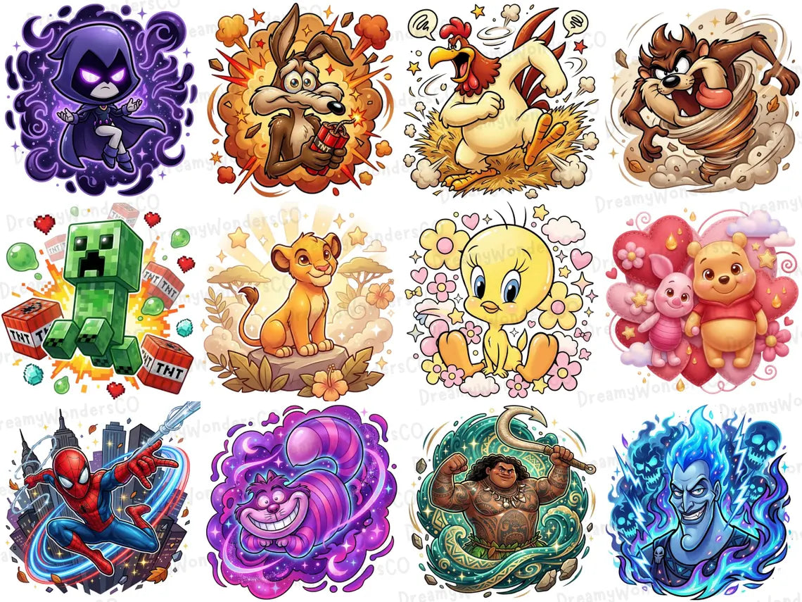 Cartoon MEGA Bundle – 110 Colorful Detailed PNG Designs – Gaming & Cartoon Collection