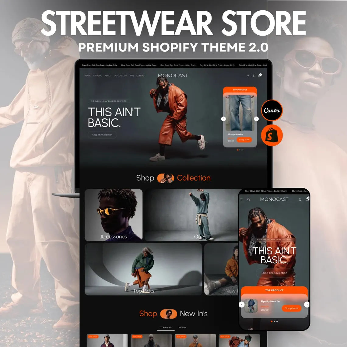 Dark Streetwear Shopify Theme | Orange Accent Urban Fashion Website Template + Editable Canva Kit