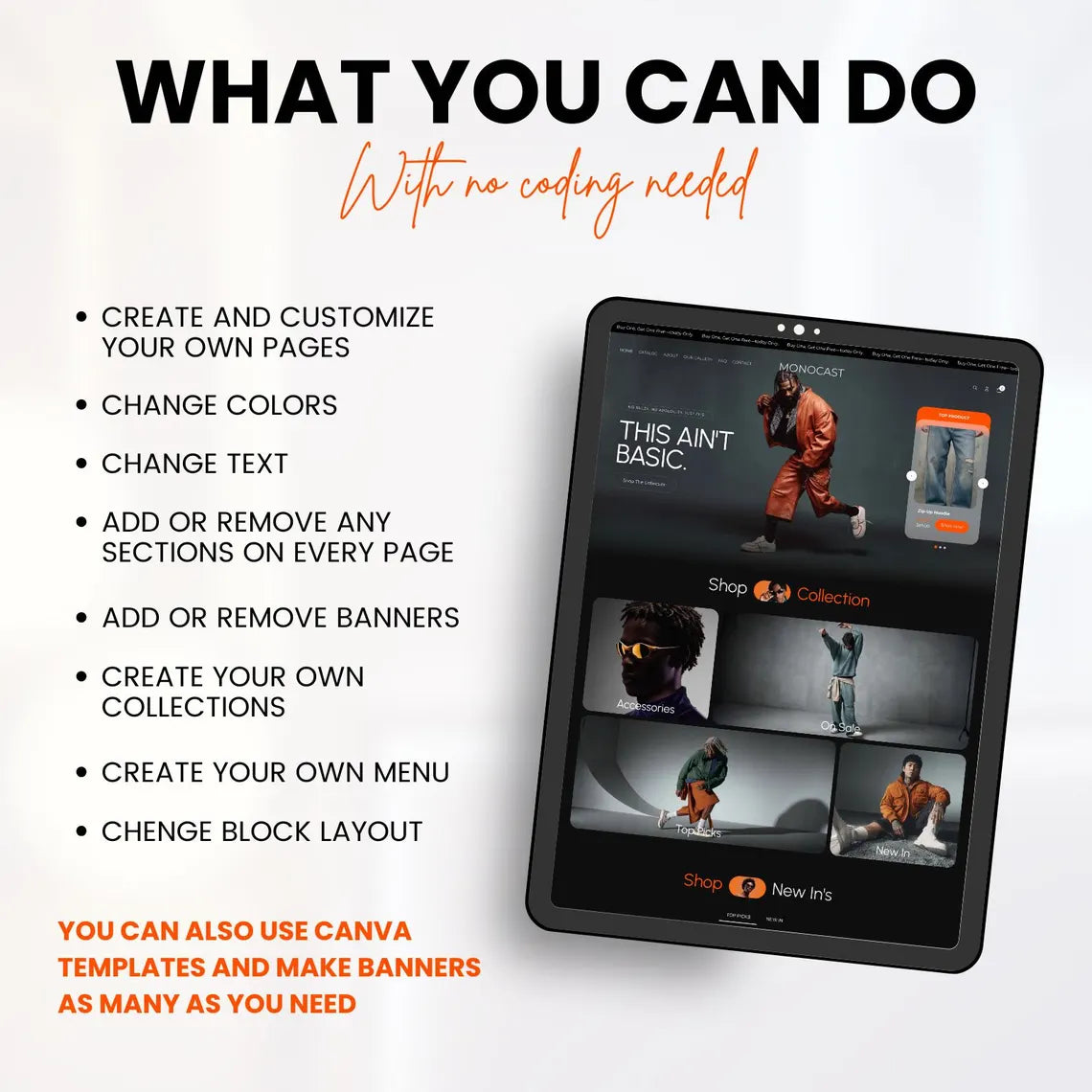 Dark Streetwear Shopify Theme | Orange Accent Urban Fashion Website Template + Editable Canva Kit