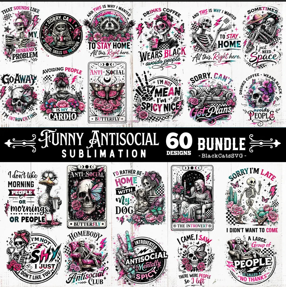 Funny Antisocial skulls sublimation bundle 60 designs PNG, Homebody PNG, Sarcastic bundle PNG, Funny skeleton bundle png