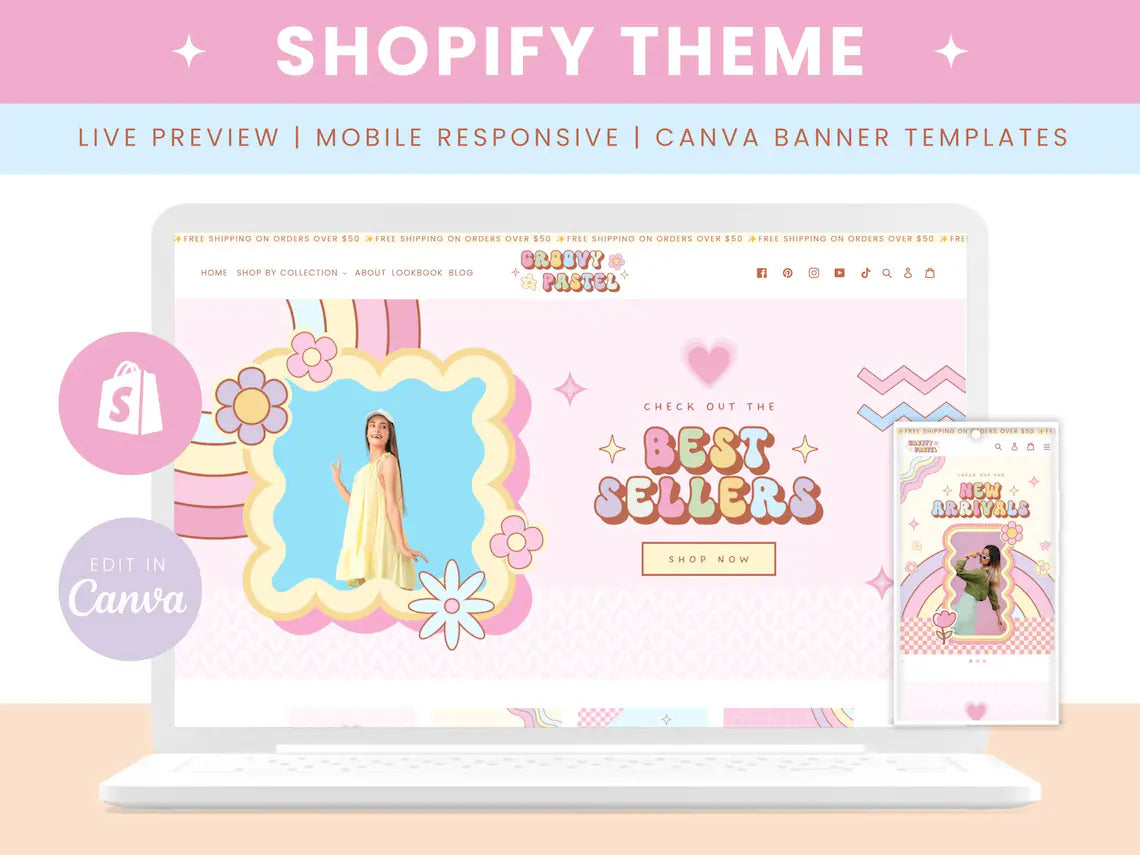 Groovy Shopify Theme Template,pink Shopify Boutique theme with canva banners,Neutral Website,Shopify Banner Template with Shopify Planner