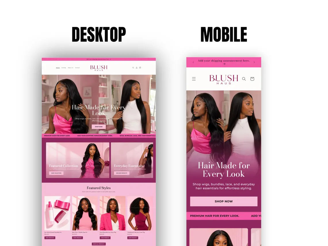 Pink Wig & Hair Extensions Shopify Theme Hair Bundle Website Template HD Lace Wig Store Beauty Brand Hair Vendor Website