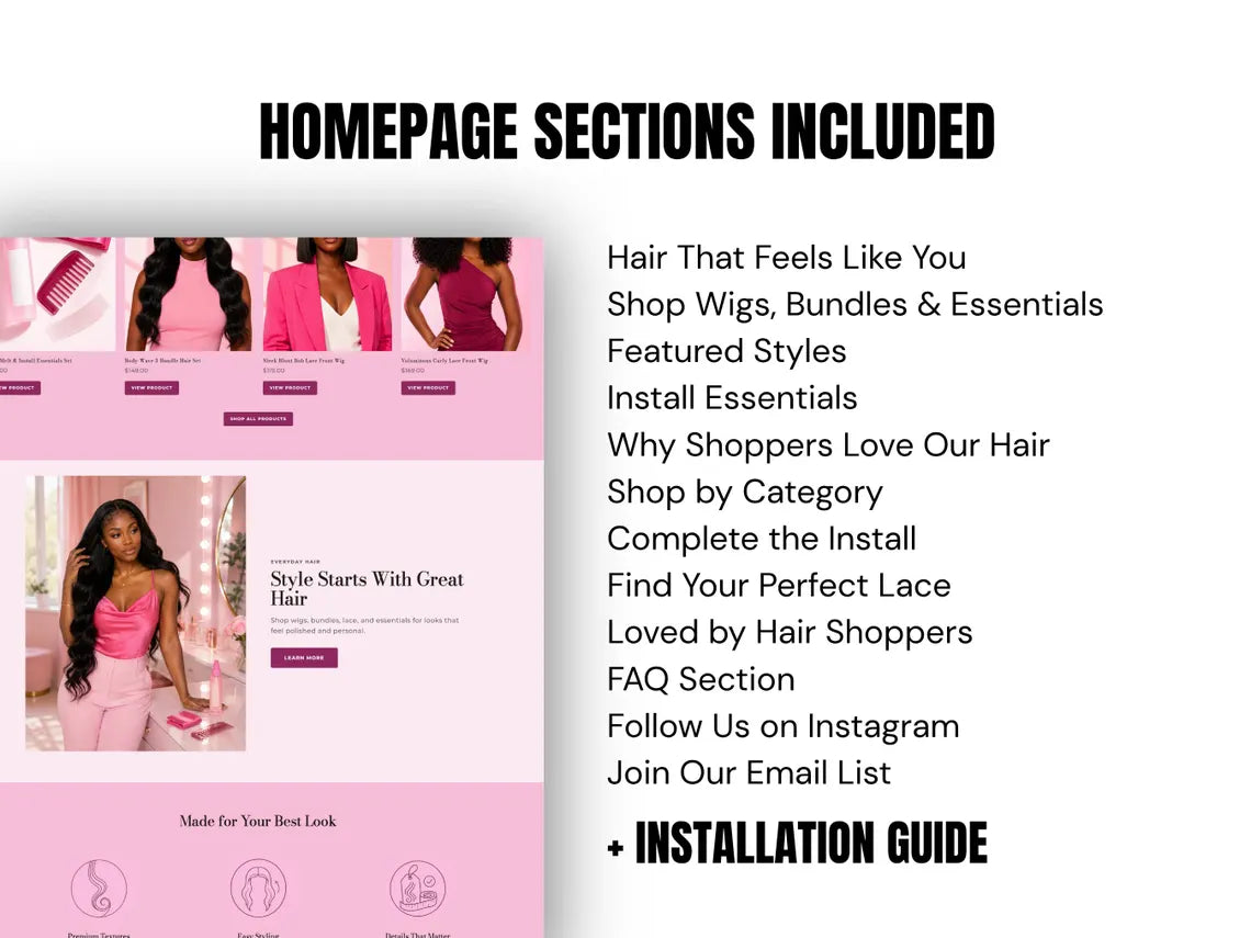 Pink Wig & Hair Extensions Shopify Theme Hair Bundle Website Template HD Lace Wig Store Beauty Brand Hair Vendor Website