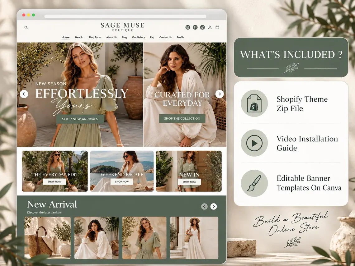 Sage Muse Boutique Shopify Theme | Sage Shopify Template Feminine, Minimal & Cute Design | Editable Canva Templates | Shopify OS 2.0