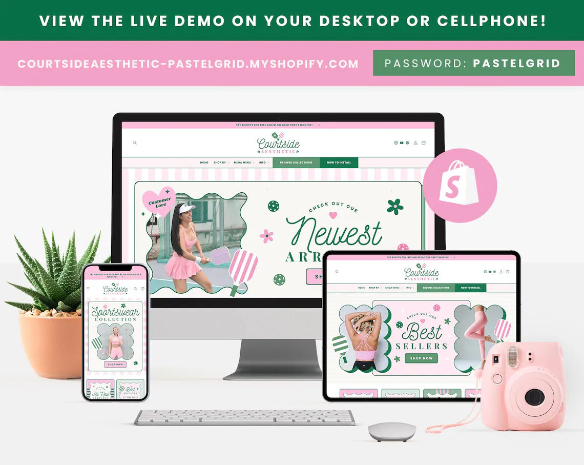Shopify Theme Green and Pink Colors Customizable Shopify Template Editable Canva Banners Pickleball or Sporty Aesthetic Theme Design - CSA
