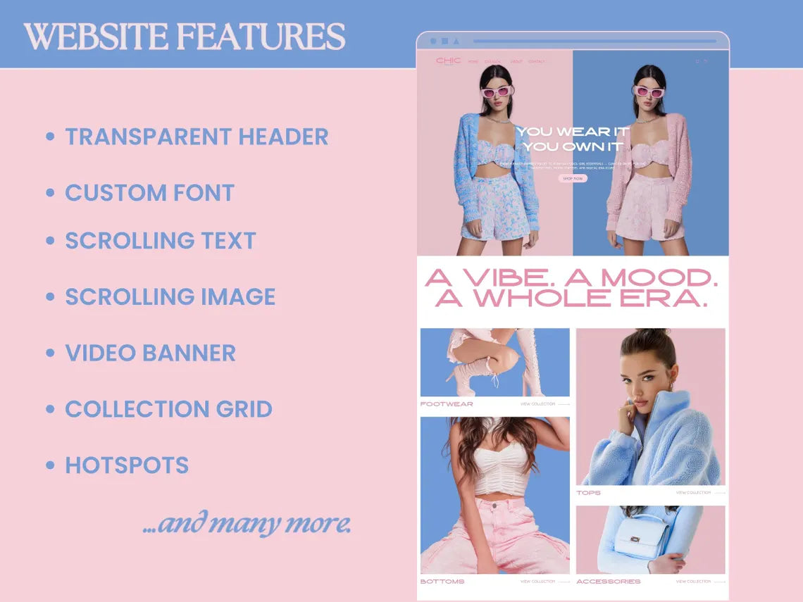 Shopify Theme for Trendy Clothing Website Template Luxury Shopify Template Aesthetic Theme Kit Blue Business Pink Fashion Website Template