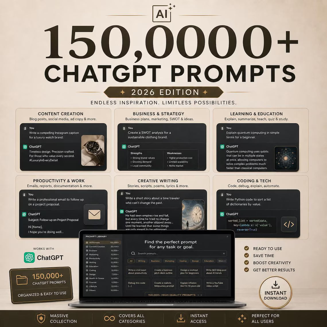 1,000,000+ AI Prompts Collection 150 000+ ChatGPT Prompts, Complete ai manual | Midjourney, ChatGPT, DALLﾷE, Leonardo AI & Stable Diffusion